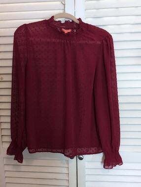 Modcloth Burgundy Sheer Swiss Heart Dot Long-Sleeve Blouse